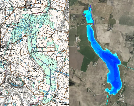Billedet er opdelt. Den ene halvdel er et kort over området. Den anden del et luftfoto med en blå markering.