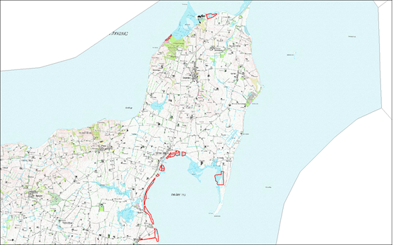 Billedet består af et kort over Mors, hvorpå en række områder er markeret med rødt.