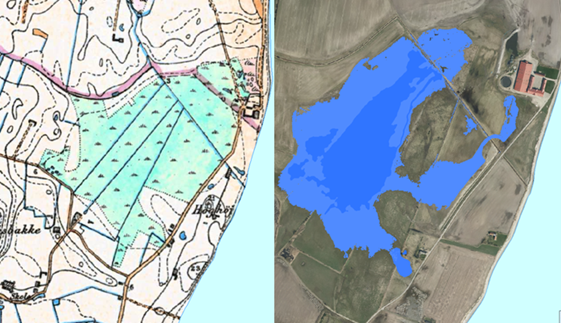Et todelt billede af Biskæret. Den ene del er et kort. Den anden del et luftfotografi med en blå markering.